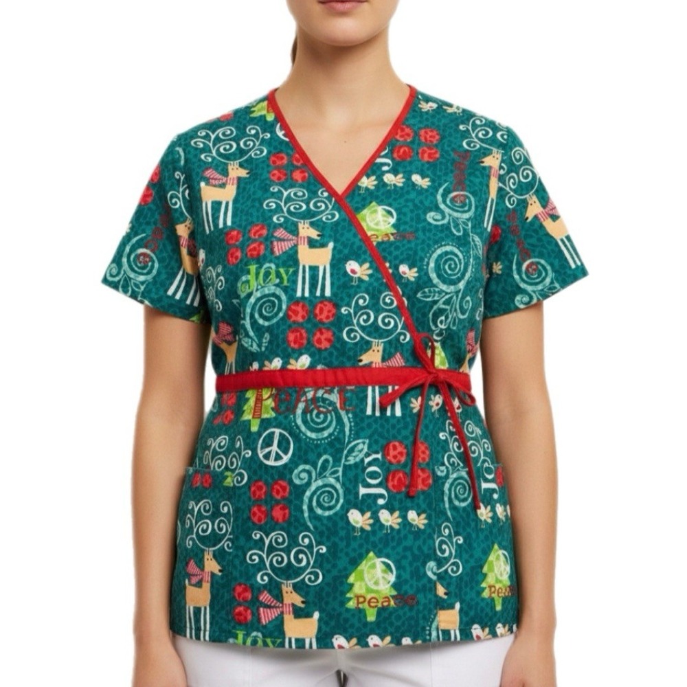 Scrub HQ Holiday Reindeer Scrub Top Women XL Teal Peace Joy Mock Wrap‎ - Picture 2 of 11